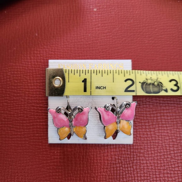 Butterfly Earrings Silver Tone Non-Magnetic Metal Pink & Orange Wings - Picture 3 of 6